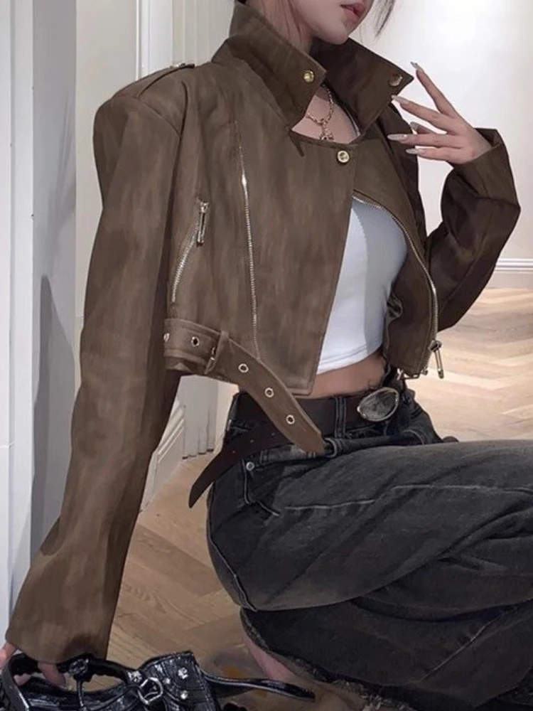 Punk Brown Cropped Leather Jacket Women Retro Irregular Zipper Moto Biker Leather Jacket Korean Casual High Street Faux Fur Coat