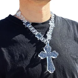 Trendy Acrylic Iridescent Transparent Big Cross Pendant Necklace for Men Hiphop Brambles Wire Necklaces Fashion Male Jewelry