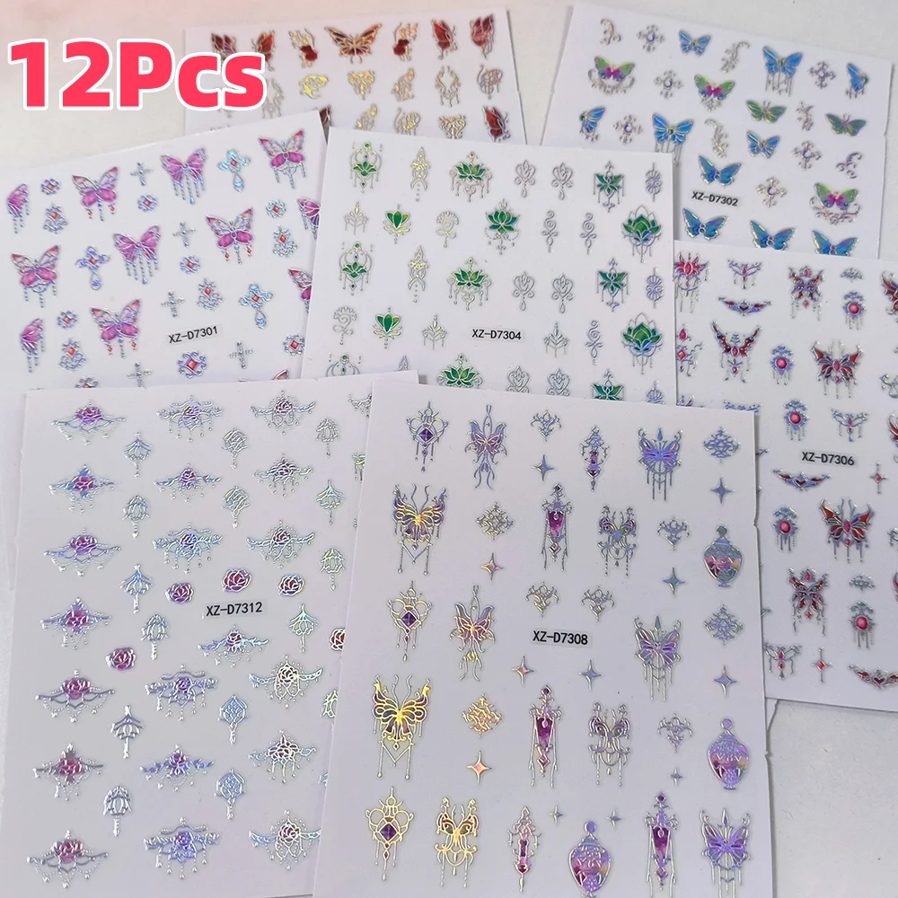 12Pcs/set 5D Liquid Butterfly Nail Stickers Retro Tassel Butterfly,Lotus ,Dangle Nail Decals Tassel Chain Adhesive Nail Sliders