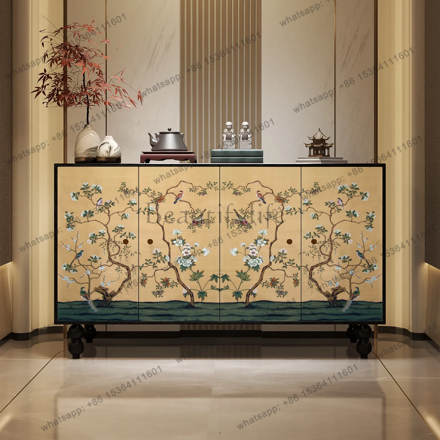 

Chinese-style entrance is opposite the door, solid wood dining side cabinet, household wall storage, tea decoration cabinet