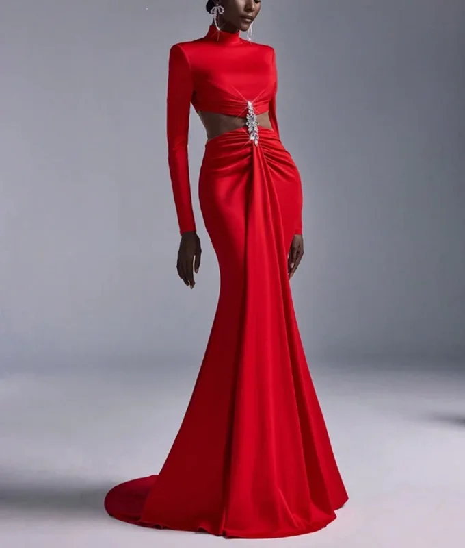 

Little Daisy CustomizedProm Dresses High Neck Mermaid Crepe Pleated حزب اللباس Zipper Back Watteau Train Evening Dresses for Wom