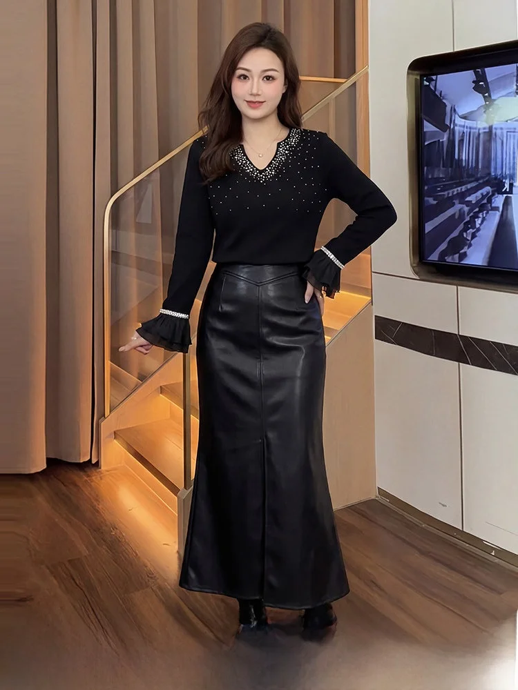 

Зимний вязаный комплект из топа и юбки с ромбовидной вышивкой, повседневный наряд для женщин больших размеров, новогодний наряд