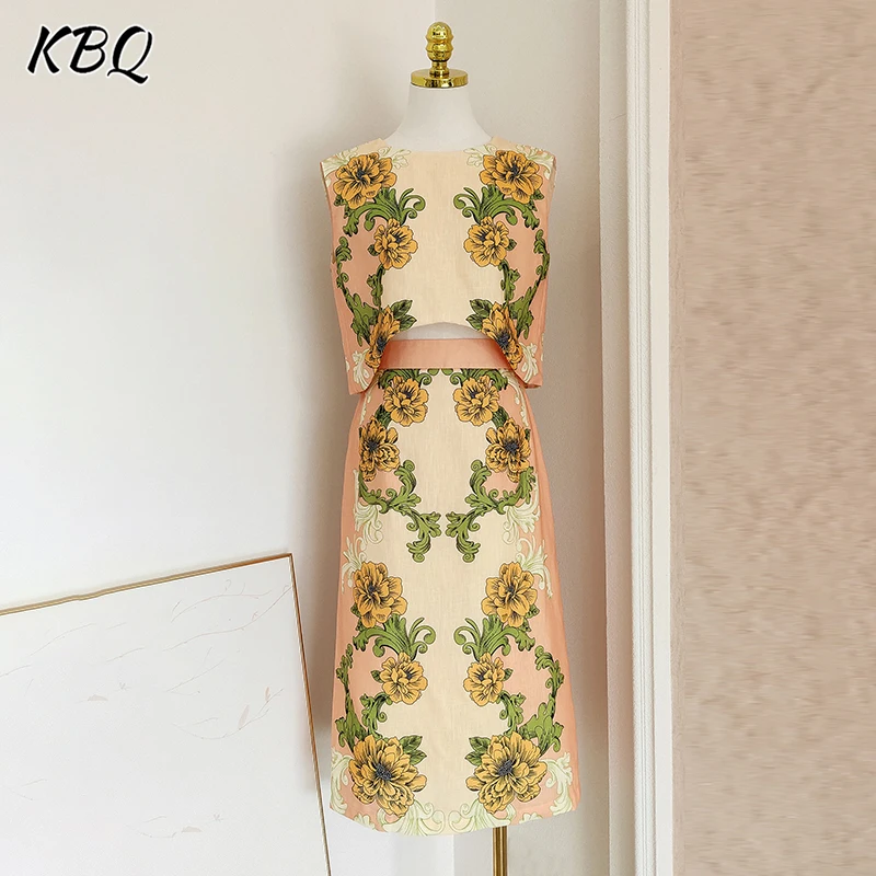 

KBQ Hit Color Printing Two Piece Set for Women Round Neck Short Sleeve Top High Waist Long Skirts Elegant Sets Female Fashion