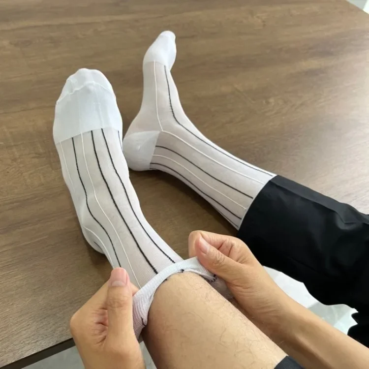 Summer Thin Nylon Mens Stockings Striped Business Casual Formal Wear Man Dress Socks for Men White Socks High Elastic Retro Sexy