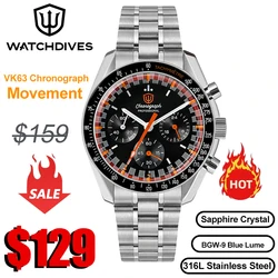 Watchdives WD1863 Quartz Watch VK63 Chronograph Movement Bubble Sapphire Crystal 10Bar Waterproof Luminous 39mm Vintage Watches