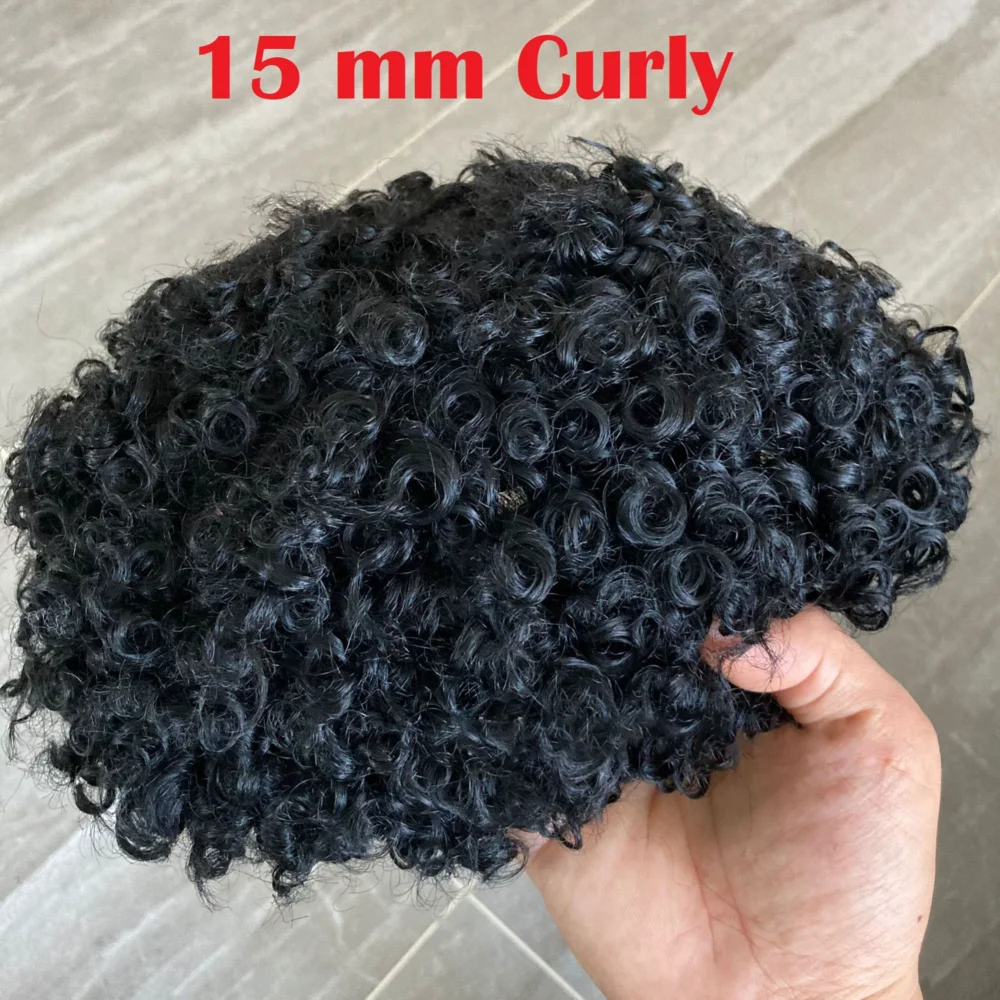 Rambut palsu pria keriting 15MM tahan lama Wig Amerika Afrika kulit tipis rambut manusia asli Unit sistem pengganti prostesis