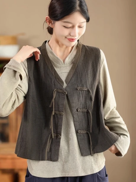 Retro Handmade Cotton Linen Short Sleeveless Vest Women's Spring Summer New Chinese Style Tassel Jacket V-neck Single Button