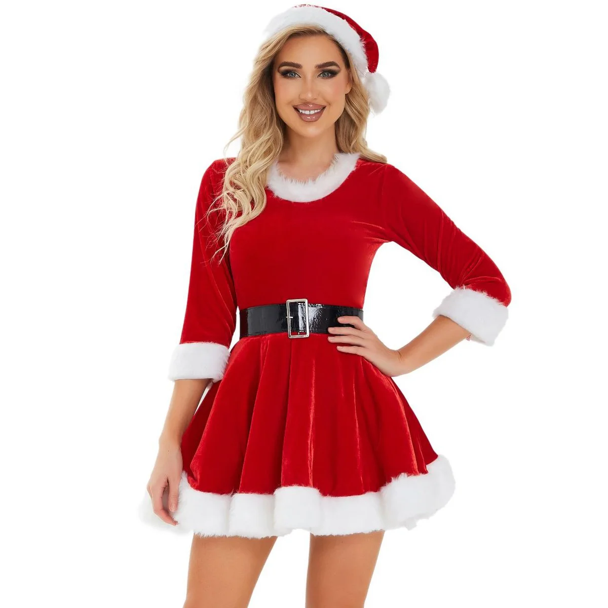 Christmas Santa Cosplay Dress Velvet Babydoll Furry Trim Long Sleeves Cosplay Mini Fancy Dresses Xmas Holiday Outfits