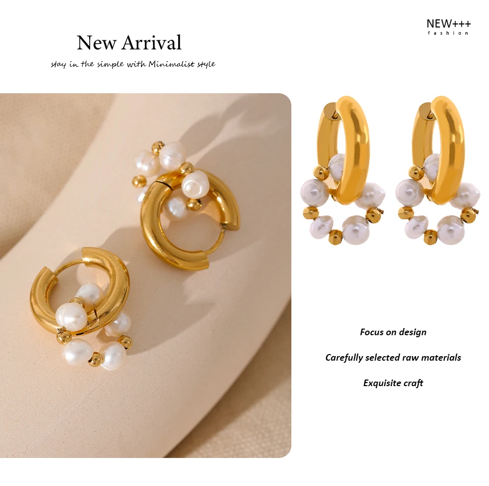 Yhpup Fans Wohlfahrt-Stil, natürliche Perlen, Edelstahl, wasserdicht, 18 Karat Gold, modische Huggie-Creolen, Schmuck für Frauen – Detail 8
