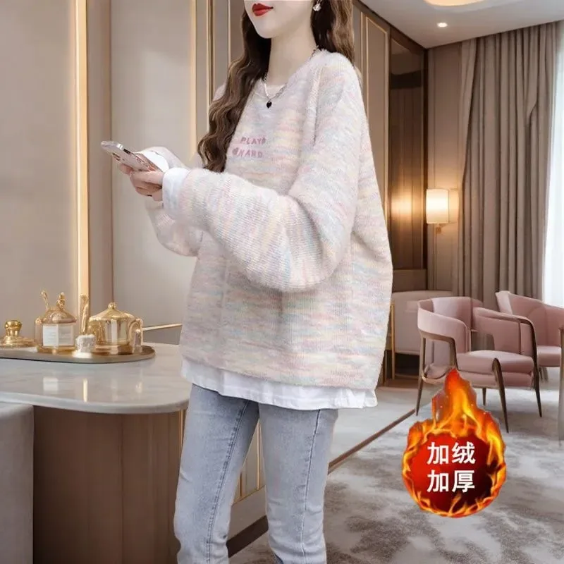 

2025 Spring Autumn Winter Women's New Rainbow Sweater Coat Plus Velvet Thickened Pullover Loose Female Joker Knitwear Jacket