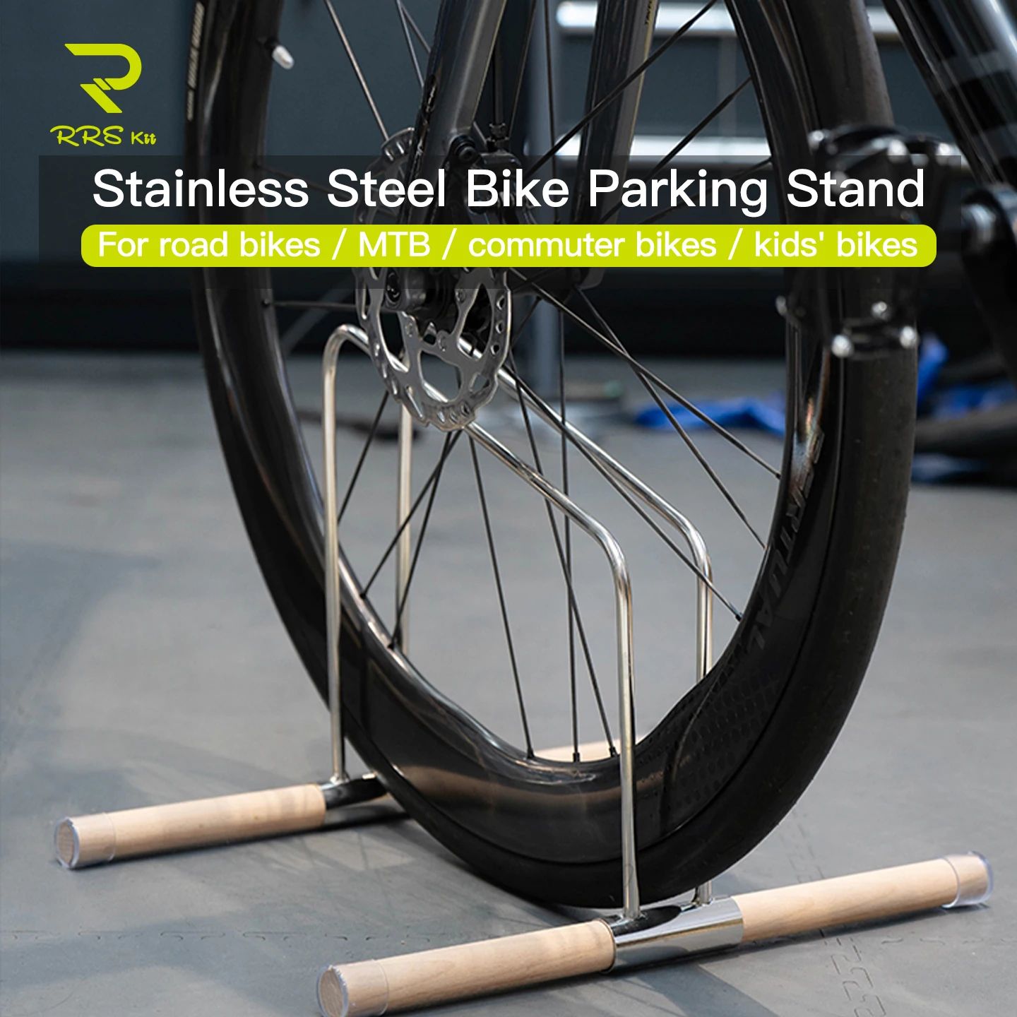 Rrksit Stainless Steel Solid Wood Bike Stand Floor Parking Rack Universal Wheel Holder Display Bracket for Road Tire ≤1.50 Inche