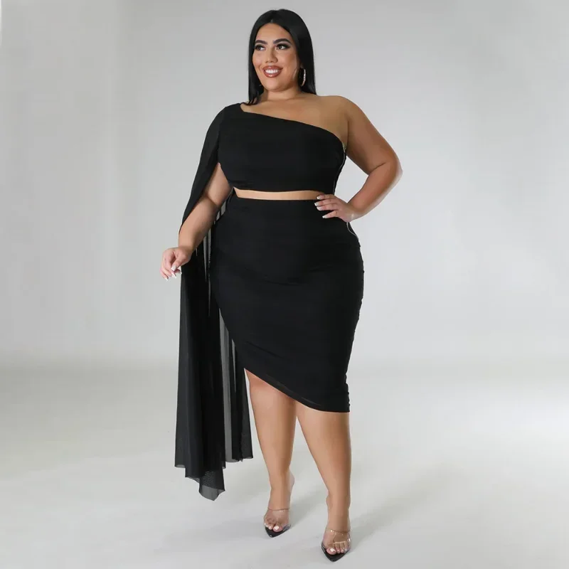 KEXU Summer Plus Size Women Bodycon Midi Knee Length Skirt Suit and Clock One Long Sleeve Crop Top Party Two Piece Set Outfit