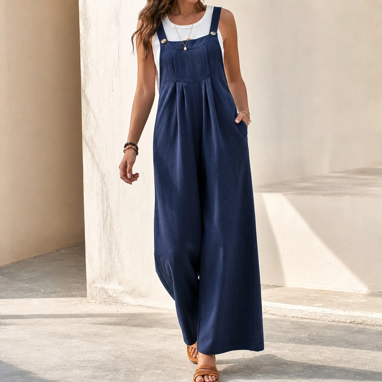 Women's And Women Retro Suspenders Mid Waist Full Length Straight Leg Cotton Sweet Jumpsuit For Women Woman With Pocket Detail