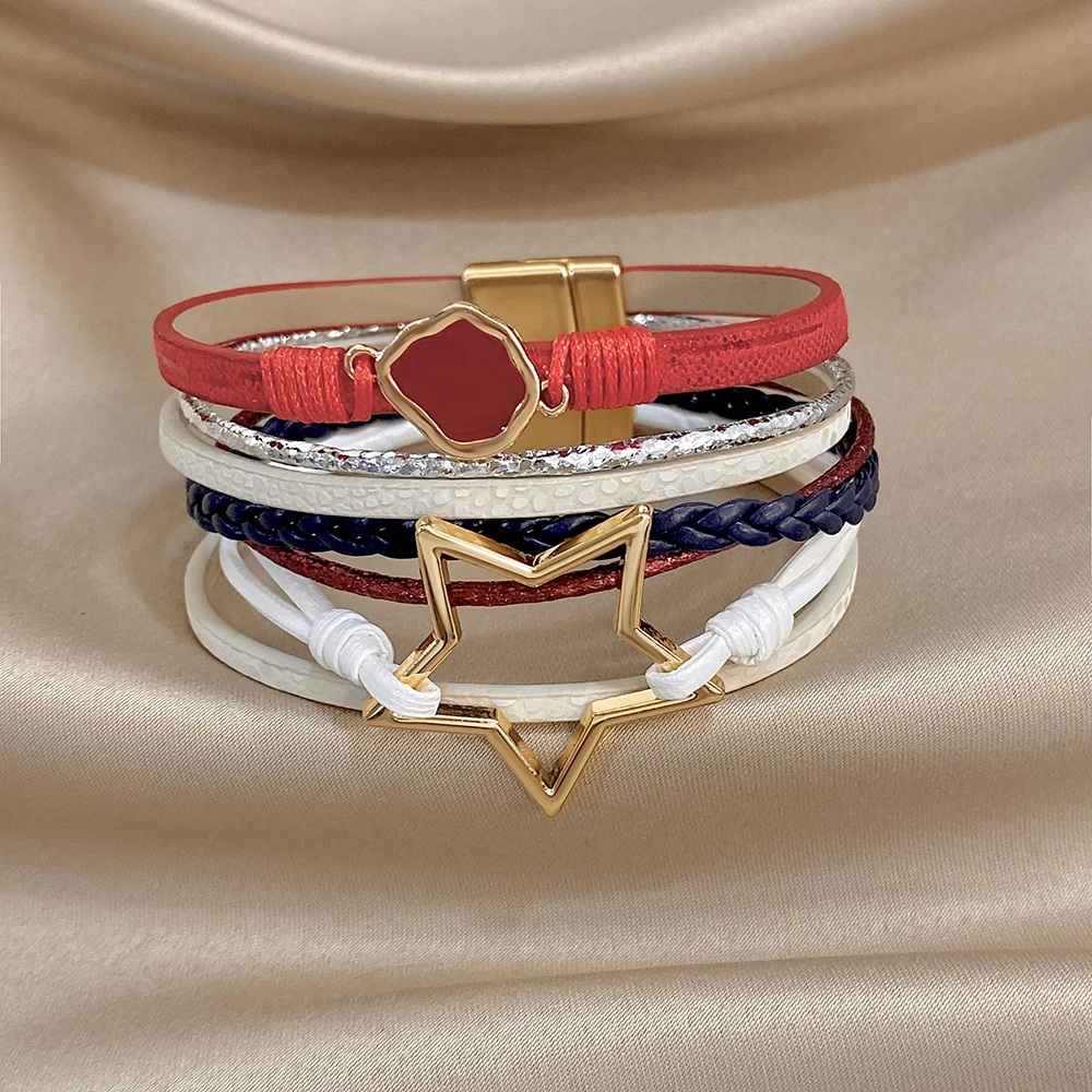 ALLYES Vintage Armband aus gewebtem Leder mit ausgehöhltem Stern für Damen, klobiges Boho-Mehrschicht-Armband, breites Wickelarmband, Charm-Schmuck – Detail 13