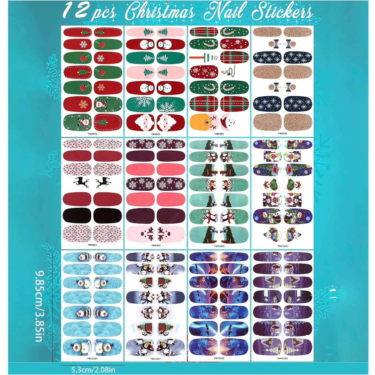 12피스 크리스마스 풀 세트 네일 랩, 산타클로스, 펭귄, 눈사람 디자인의 에반쿠 접착 네일 아트 폴리쉬 스티커, 네일 파일 1개 포함, 여성용 크리스마스 네일 장식에 적합