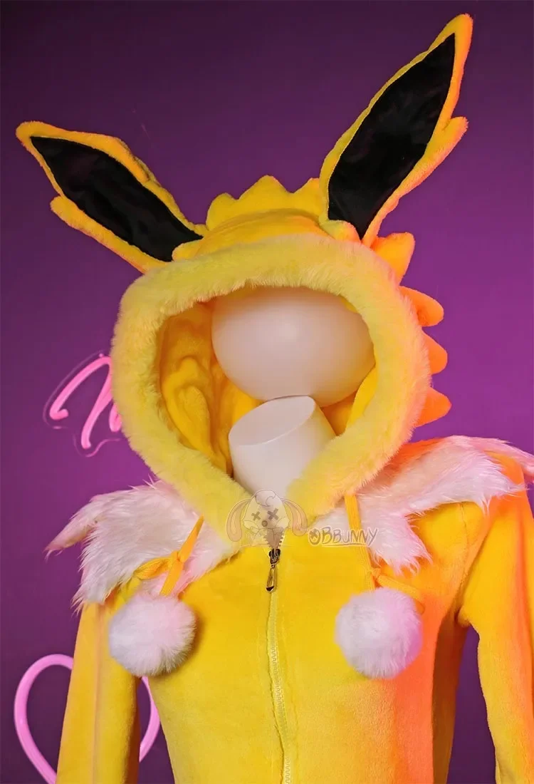Kostum Cosplay Anime Jolteon untuk Wanita Setelan Kaus Kaki Bodysuit Bertudung V Dalam Seksi Piyama Mewah Kartun Gadis Kelinci Lolita Natal