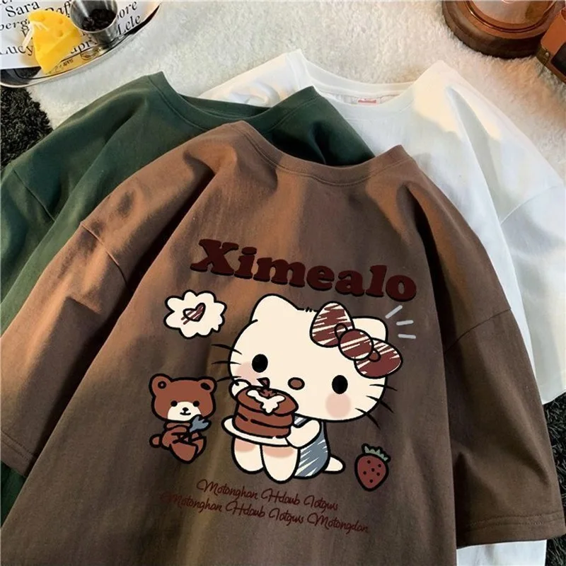 2024 Hello Kitty Sanrio T-shirt Kawaii Cartoon Print Cotton Tops O-neck Oversized Shirts Streetwear Splicing Top Women Clothing