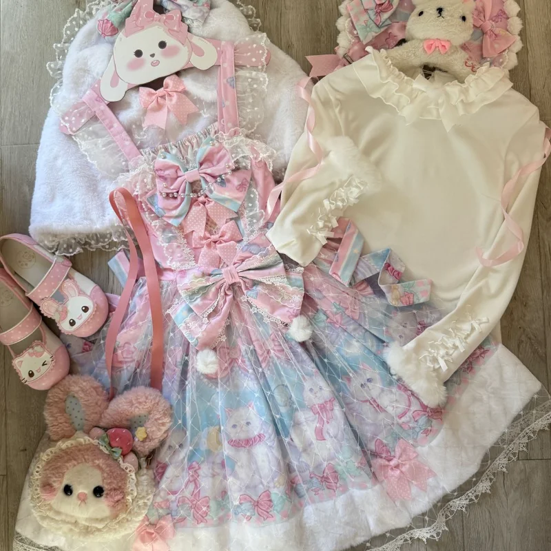 2025 japonés lindo niñas dulce vestido de tirantes de Lolita conjunto de capa invierno nuevo lindo arco de encaje vestido de fiesta de cumpleaños mujeres Lo Kawaii vestido