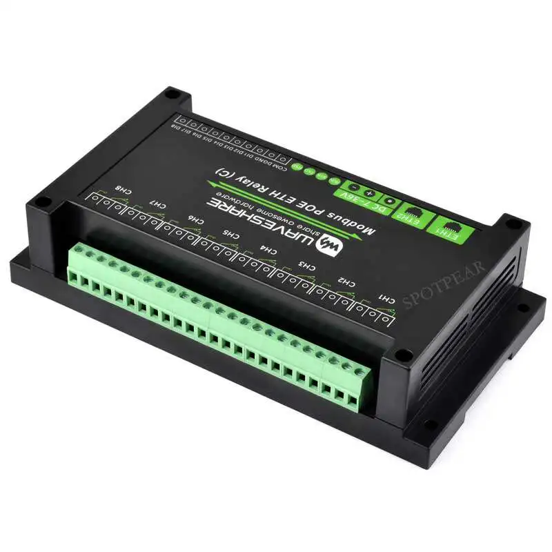 Industrial Grade Dual ETH Port RJ45 to 8-Channel Relay Module Modbus PoE Power Supply