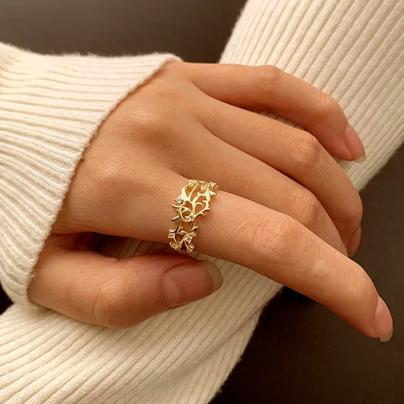 Creative and Authentic S925 Silver 14K Gold Diamond Romantic Curly Grass Pattern Tamarisk Ring Retro Romantic Gorgeous