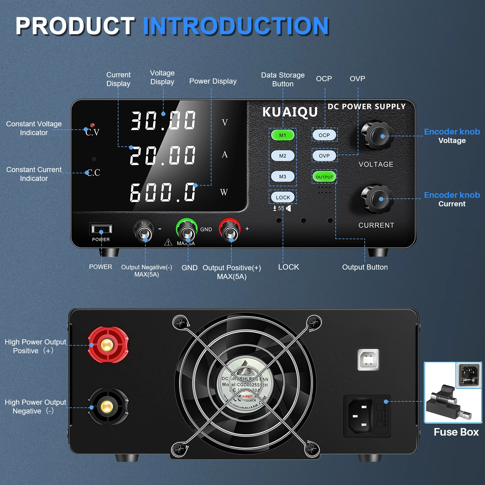 KUAIQU R-SPS3020C Bench High Power Supply 30V 20A 600W  with Memory Function for Laboratory Texting 24V Lead Battery Charging