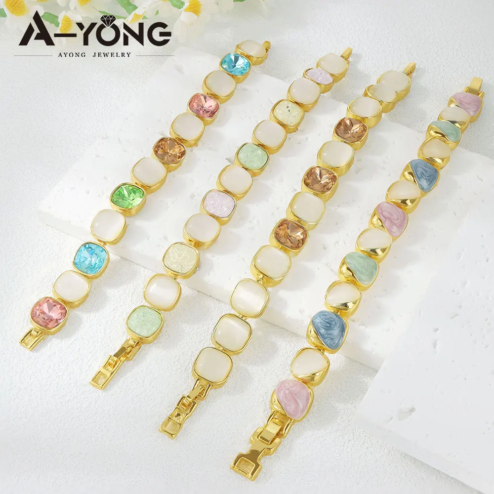 

Luxury Crystal Gold Bracelet 14k Fashion Europe Bohemian Natural Stone Colored Hand Chains Italian Women Prom Statement Jewelry