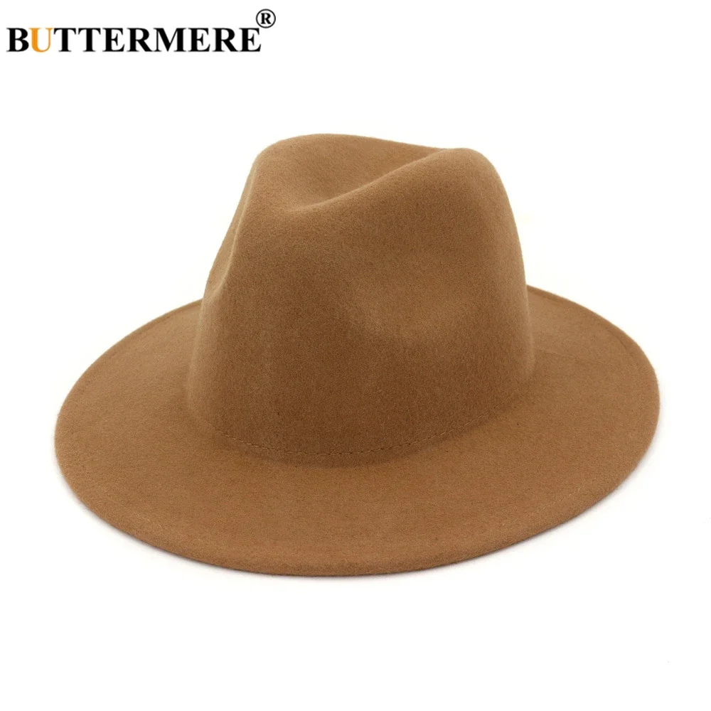 

BUTTERMERE 100% Wool Wide Brim Simple Church Derby Top Hat Panama Solid Felt Fedoras Hat for Men Women Solid Burgundy Jazz Cap