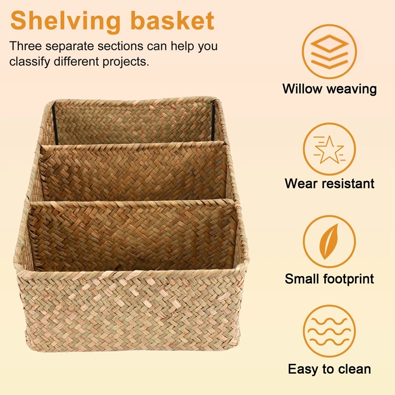 3-Section Wicker Baskets for Shelves, Hand-Woven Seagrass Storage Baskets Toilet Paper Basket Large-A22U