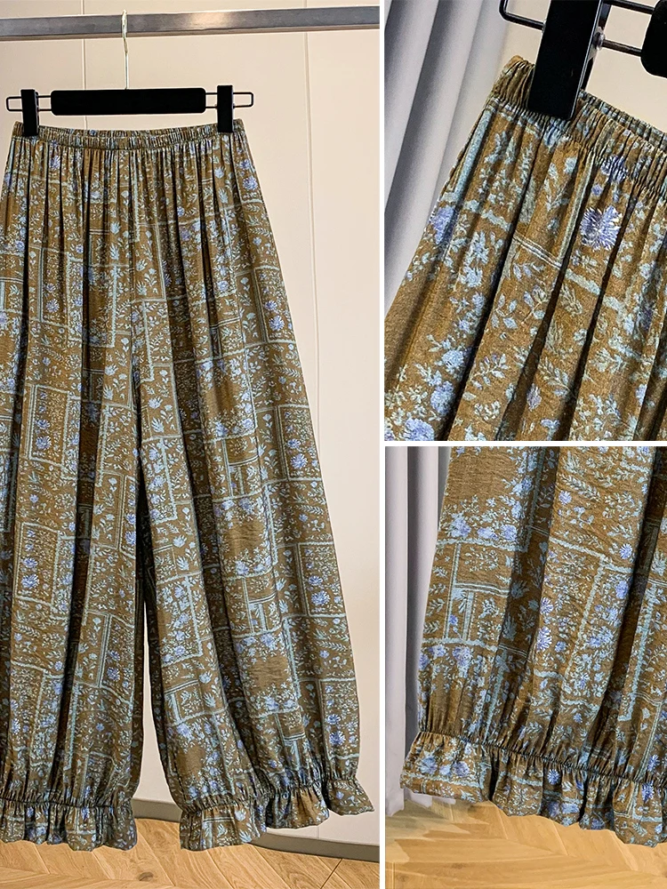 Authentic Thin Women's Lantern Pants Casual Loose Fit Anti-Mosquito Sunscreen Bloom Pants Polyester Fiber Short Length