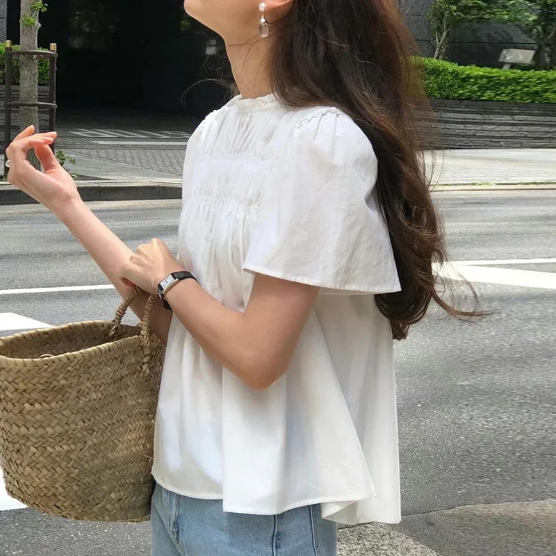 Gentle Lace Standing Neck Pleated Shirt Loose Casual Puff Sleeve Top for Women Korean Chic Draped Cute Moda Solid Color Blouse