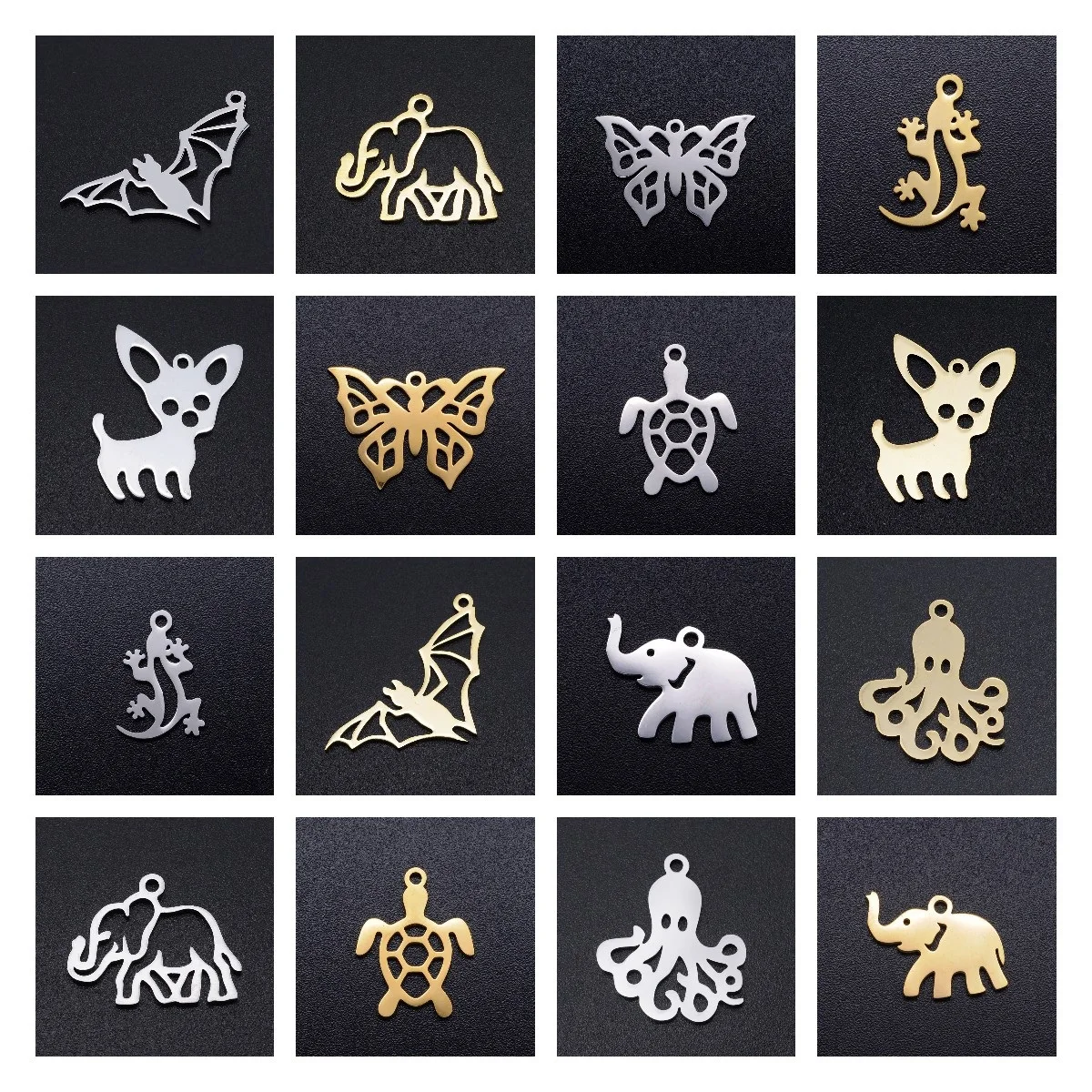 

5pcs Animal Dog Bees DIY Charm 201 Stainless Steel Butterfly Pendant Lizard Wolf Bat Octopus Connectors Charm For Jewelry Making