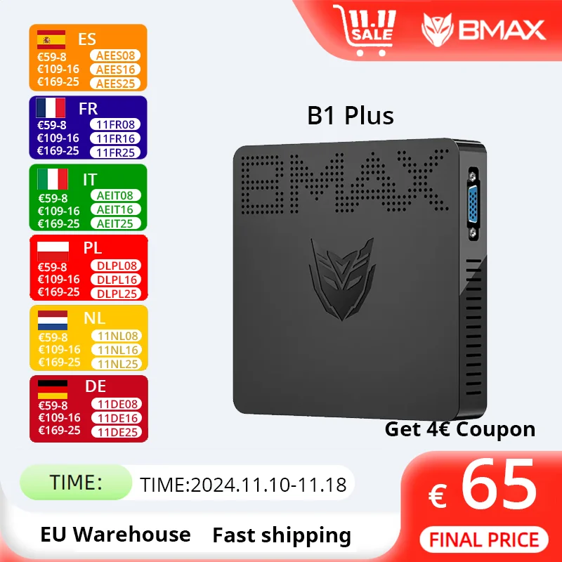 BMAX-Mini ordenador B1 Plus, procesador PC Intel Apollo Lake N3350, Windows 10, 4K, 6GB, 64GB, BT4.0, 1000M, CA, Wifi