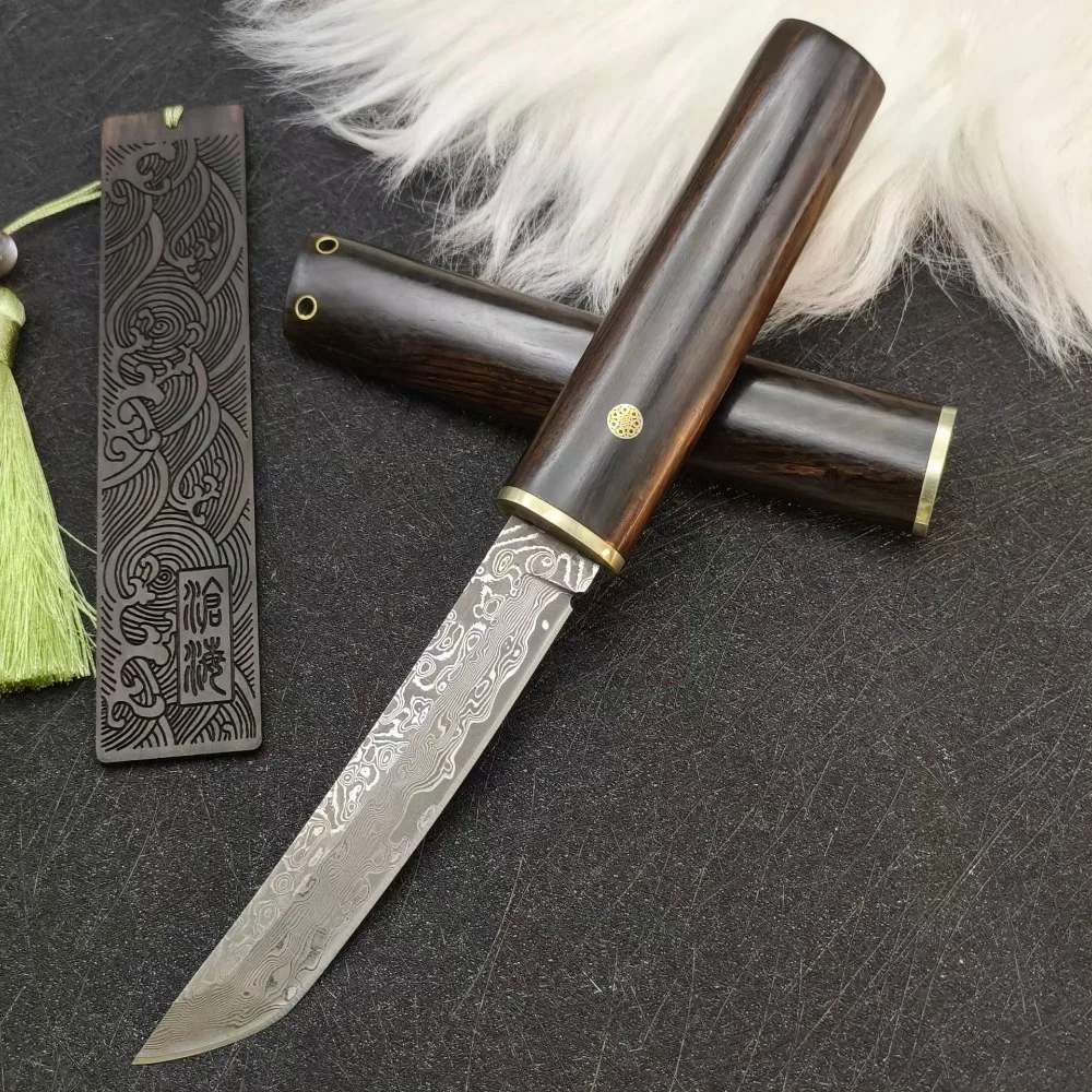 High Hardness VG10 Damascus Tanto Blade Ebony Handle Fixed Blade Pocket Knife Japanese Style Camping Survival Utility Edc Tools