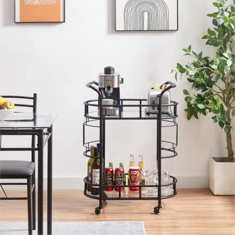 ZK30 Black Iron Frame Baking Paint Mobile glass dining cart easy to clean Scandinavian Style Simple Shelf