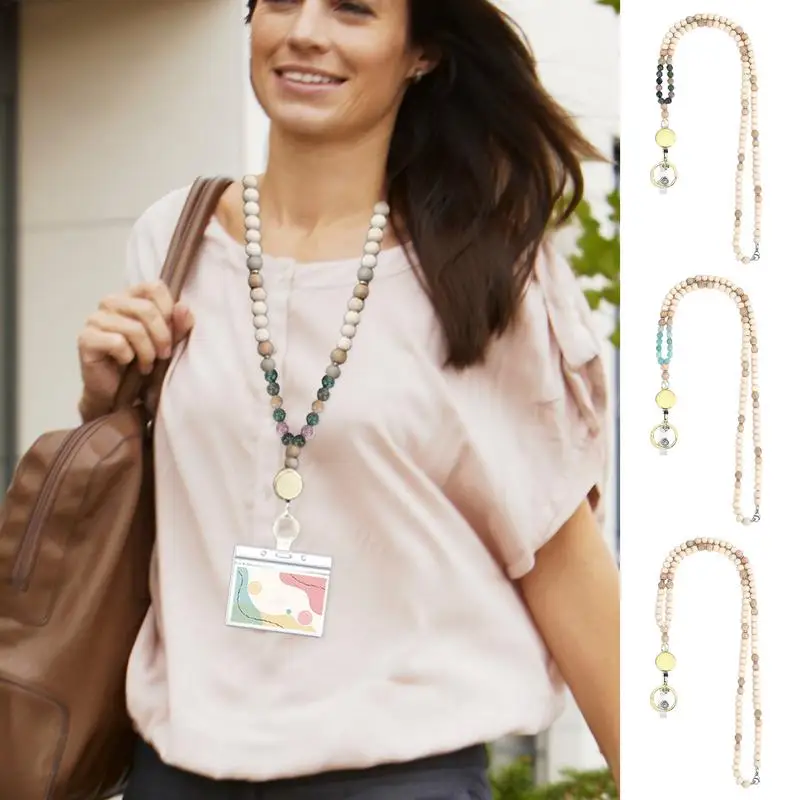 Cute Teacher Lanyard 34-Inch Beaded Teacher Badge Holder Neck Bead Chain Lanyards Phone Back Clip Chain With 2 ID Holder For