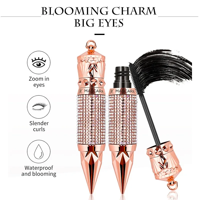 Mascara Waterproof Smudge Proof Elongate Eyelashes Makeup Tool, Natural Thick Curling, Rhinestone Decorative Shell 1pcs Gift