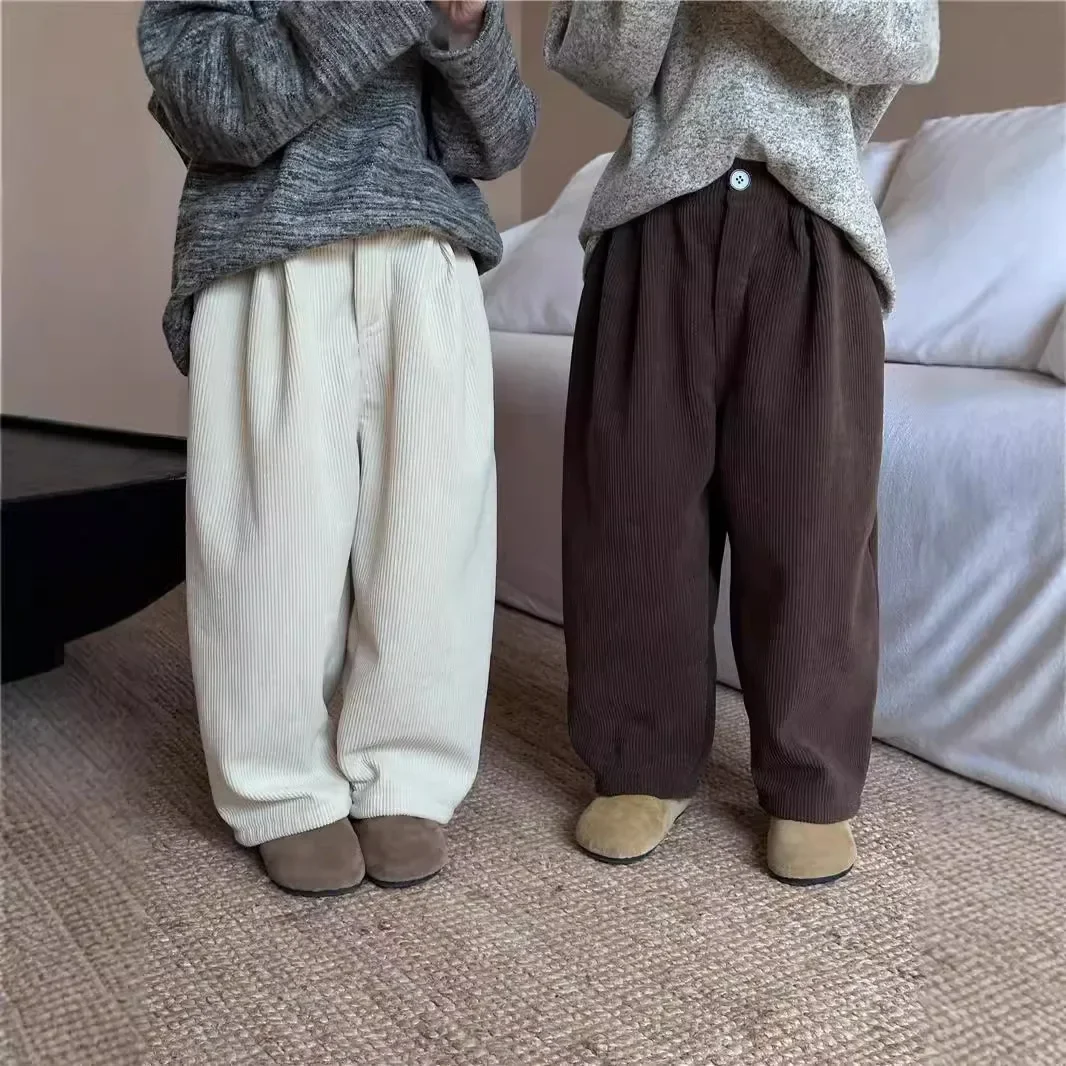 Girls Pants 2024 Winter Season New Childrens Clothing Boys and Girls Trendy Thick Warm Corduvet Pants Casual Simple Daily