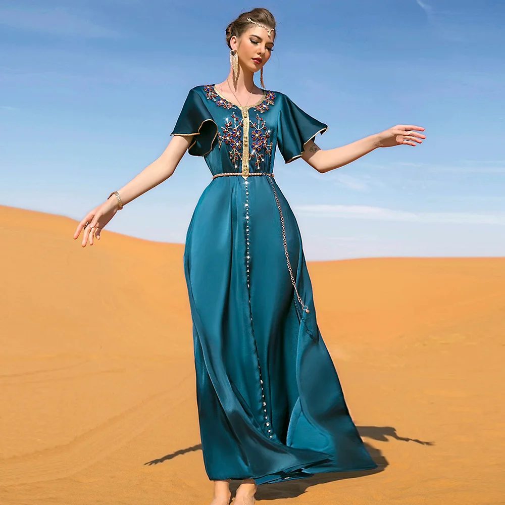 

Elegant Blue Muslim Dress for Women Luxury Arabic Dubai Abaya Islamic Jalabiya Clothing Turkey Dresses Moroccan Kaftan Robe