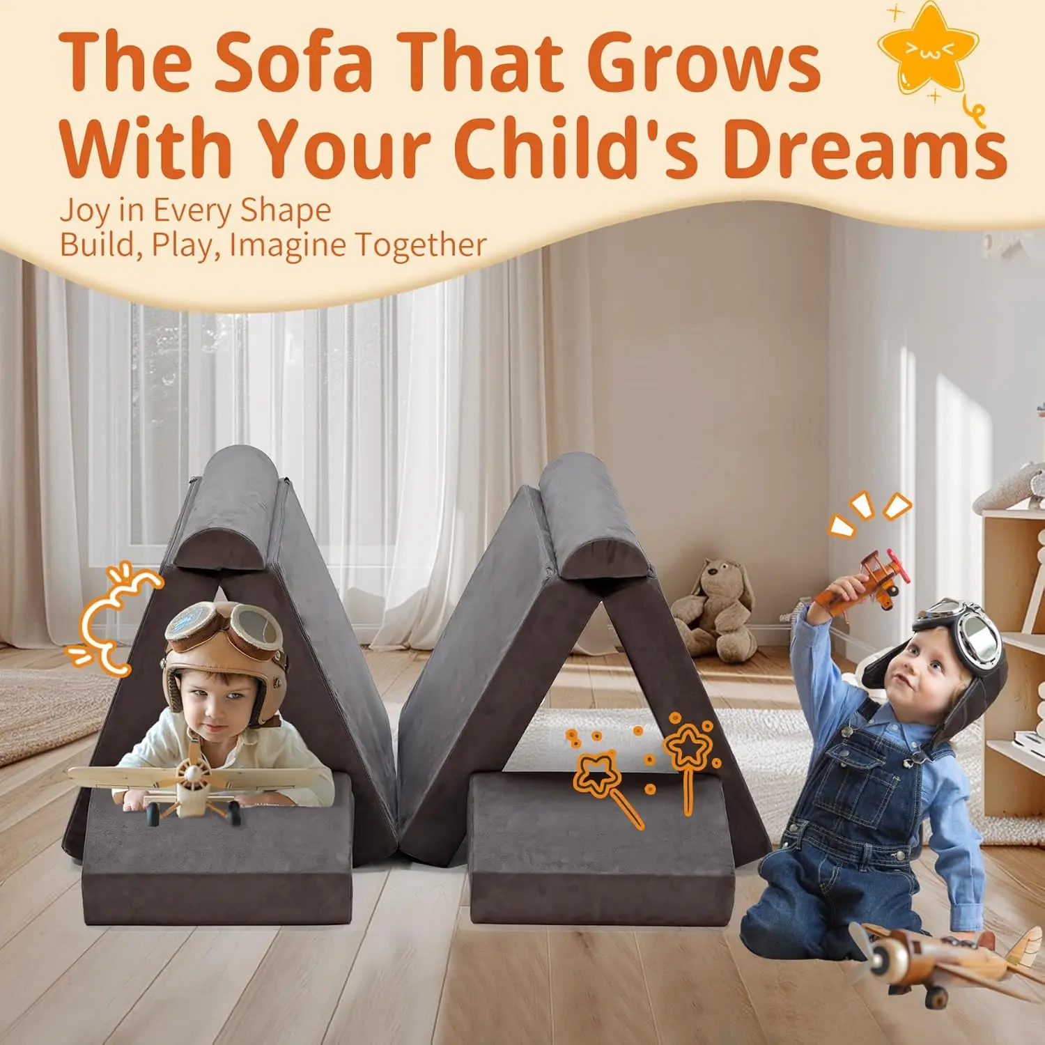 Sofá modular para niños de 8 piezas, sofá de juegos para niños pequeños para dormitorio de sala de juegos, espuma convertible y cojín de suelo para niños y niñas, gris