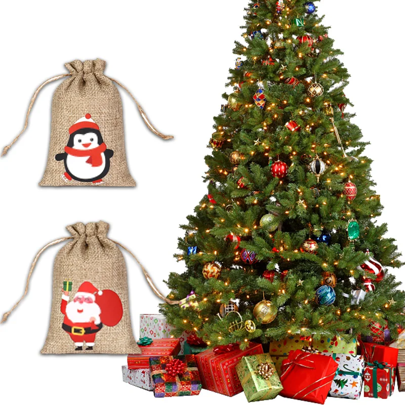 10x15cm Christmas Linen Bags Small Candy Gift Bag Drawstring Pouch Xmas Favor Bracelet Jewelry Packaging Bags