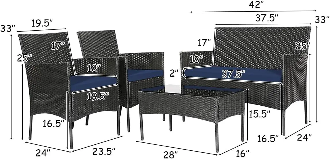 Set percakapan anyaman luar ruangan, dengan meja kopi kaca temper, Set kursi dan lovesat rotan dengan bantal kursi