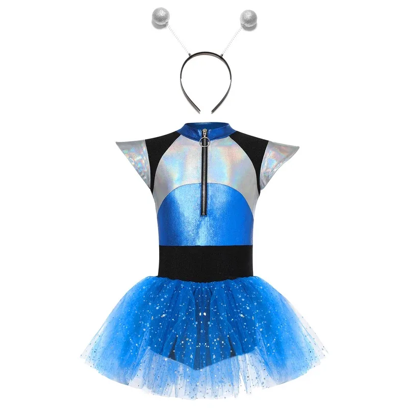 

Kids Girls Alien Robot Astronaut Cosplay Costume Short Sleeve Shiny Metallic Spangles Tutu Dress Bodysuit with Alien Hair Hoop