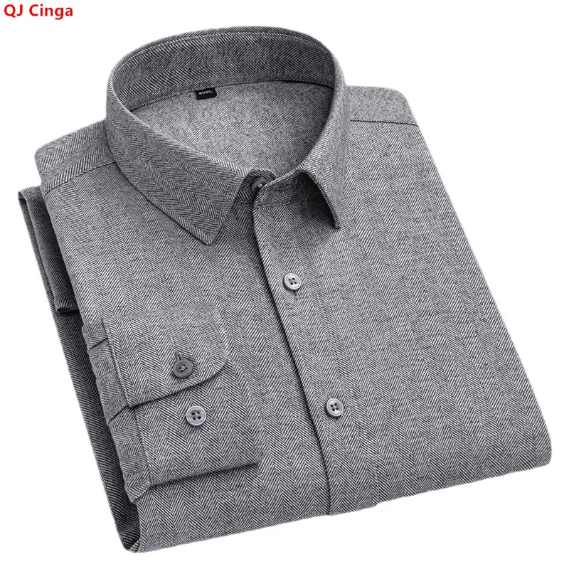 New Fall Collection of Men's Long-sleeve Collared Shirts: Single-breasted Herringbone Cotton Shirt, Available in Gray and Blue.
