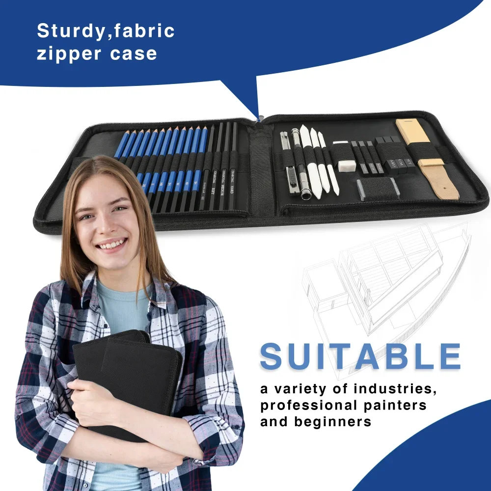 Set di matite per schizzi portatili 33 pezzi Kit da disegno regalo per artisti professionisti Organizzatore di forniture d'arte a carboncino per bambini Adolescenti Adulti