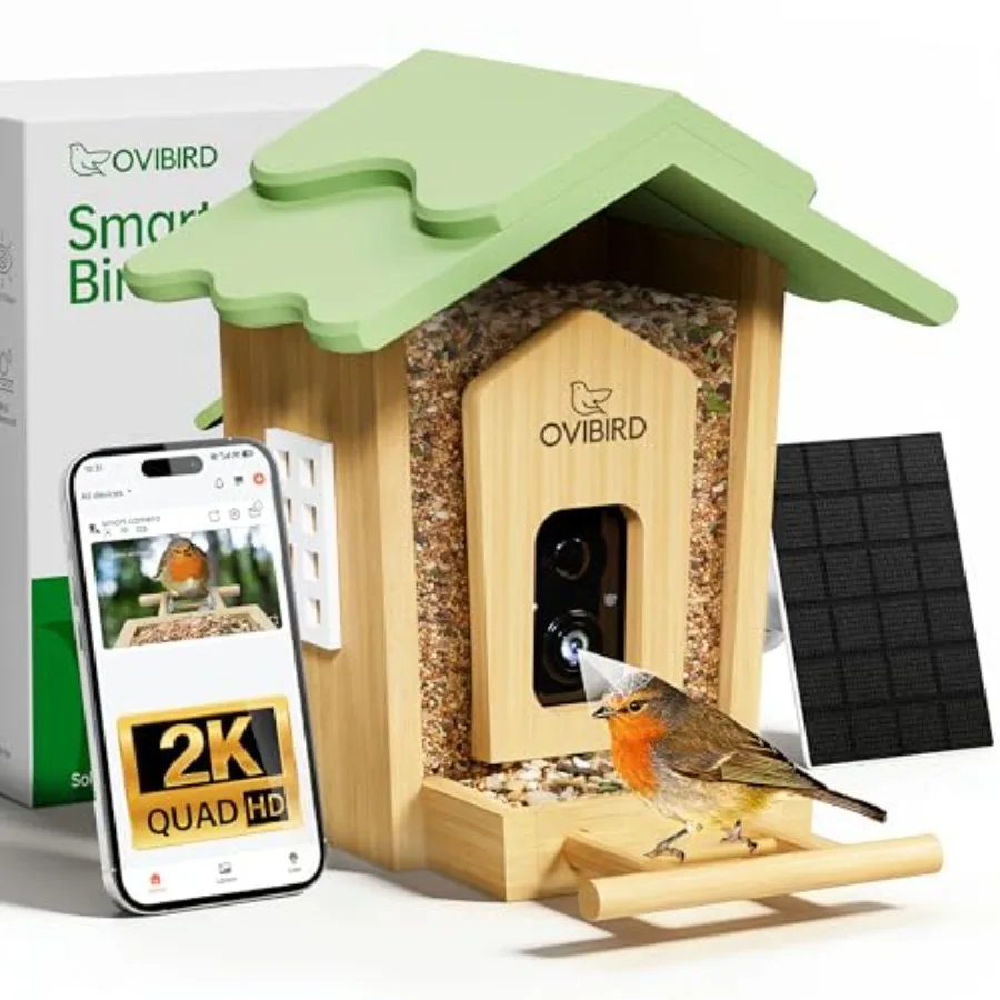 

Smart Bird Feeder with Camera 2K Video Bamboo Bird Feeders with Solar Powered IP65 Waterproof AI Birds ID for 10 000+ Species W
