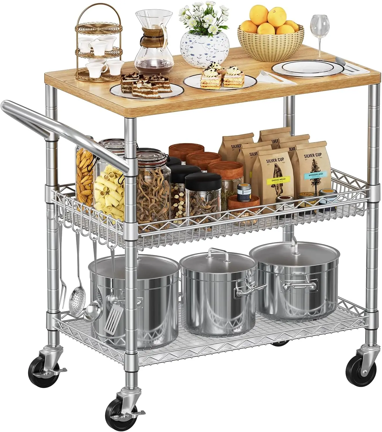 

3-Tier Rolling Kitchen Cart with Wood Tabletop, 650Lbs Capacity, Includes Hooks and Shelf Liners for Storage