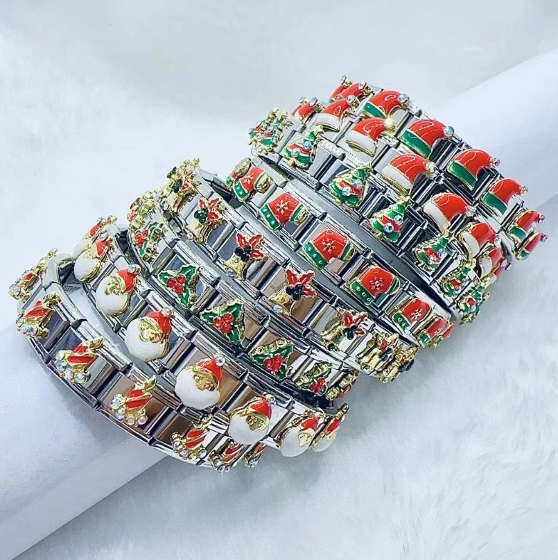 

2025 New Christmas Tree Santa Claus Cap Series Italian Charm Stainless Steel Jewelry Bracelets for Woman Men Kids Holiday Gifts