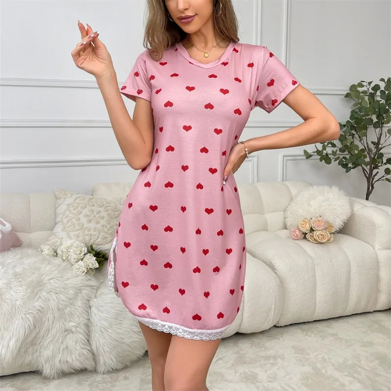 Summer Short Sleeve Nightgown with Heart Print Soft Pink Nightdress Modal Cotton Comfortable Breathable Women Home Pajamas