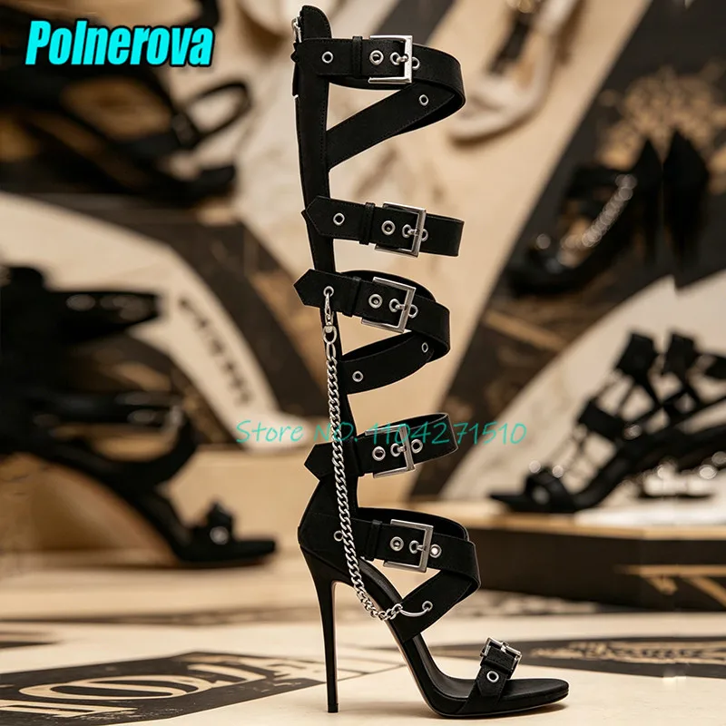 Punk Metal Buckle Chain Gladiator Sandals Women's Knee High Boots Summer Sexy Lady Round Toe Stiletto Fashion Party Runway Shoes
