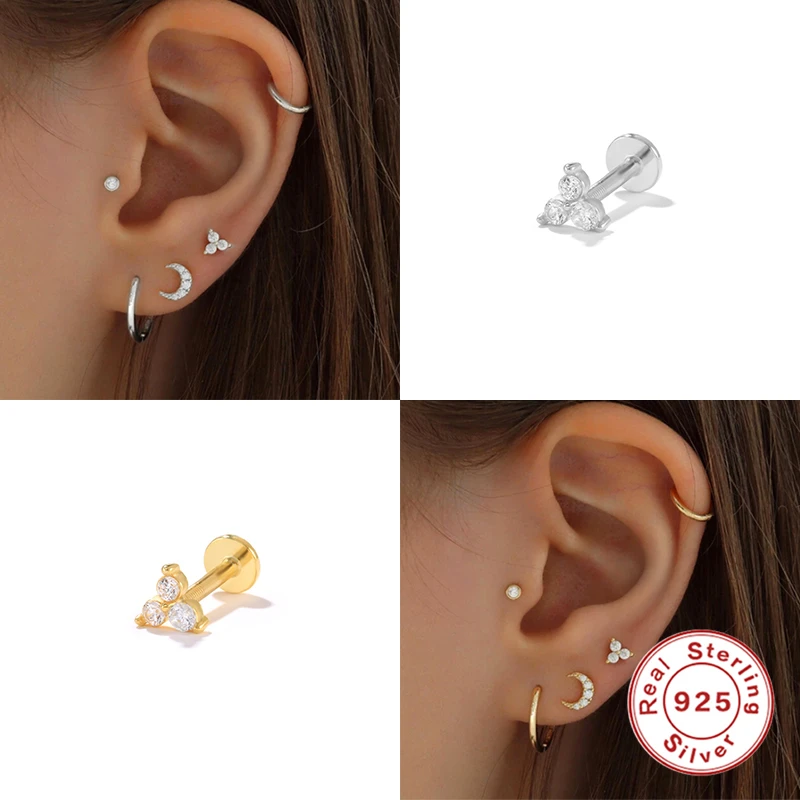 2pcs 피어싱 Aretes 925 스털링 실버 스터드 귀걸이 블링 지르콘 스타 문 눈 미니 작은 연골 귀걸이 여성 Jewerly